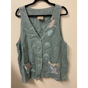 Blue Cactus Women's Button Down Beach Theme L Vest USA Made Blue Color